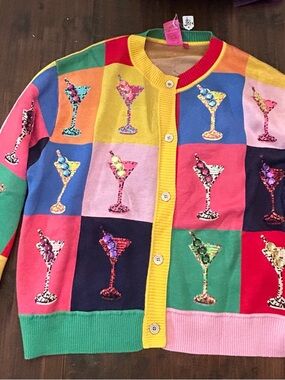 QUEEN OF SPARKLES Colorblock Multicolor Sequin Martini Cardigan